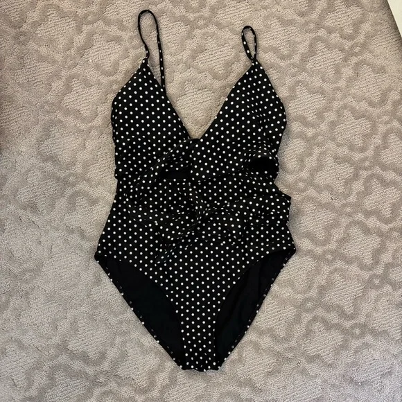 Aerie Black & White Polka Dot Wrap One Piece Swimsuit V Neck Conservative S Cute - Picture 4 of 7
